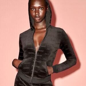 SKIMS Logo Print Long Sleeve Full Zip Hooded Jacket Velvet Black Women's Plus 3X